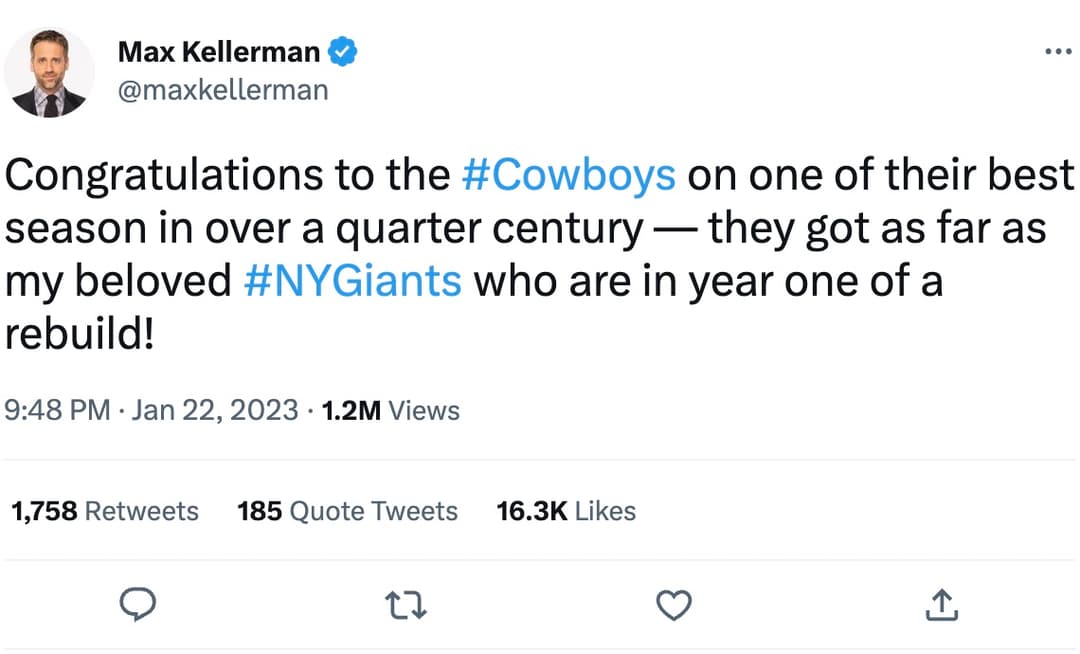 A tweet by ESPN host Max Kellerman congratulating the Cowboys on their season.