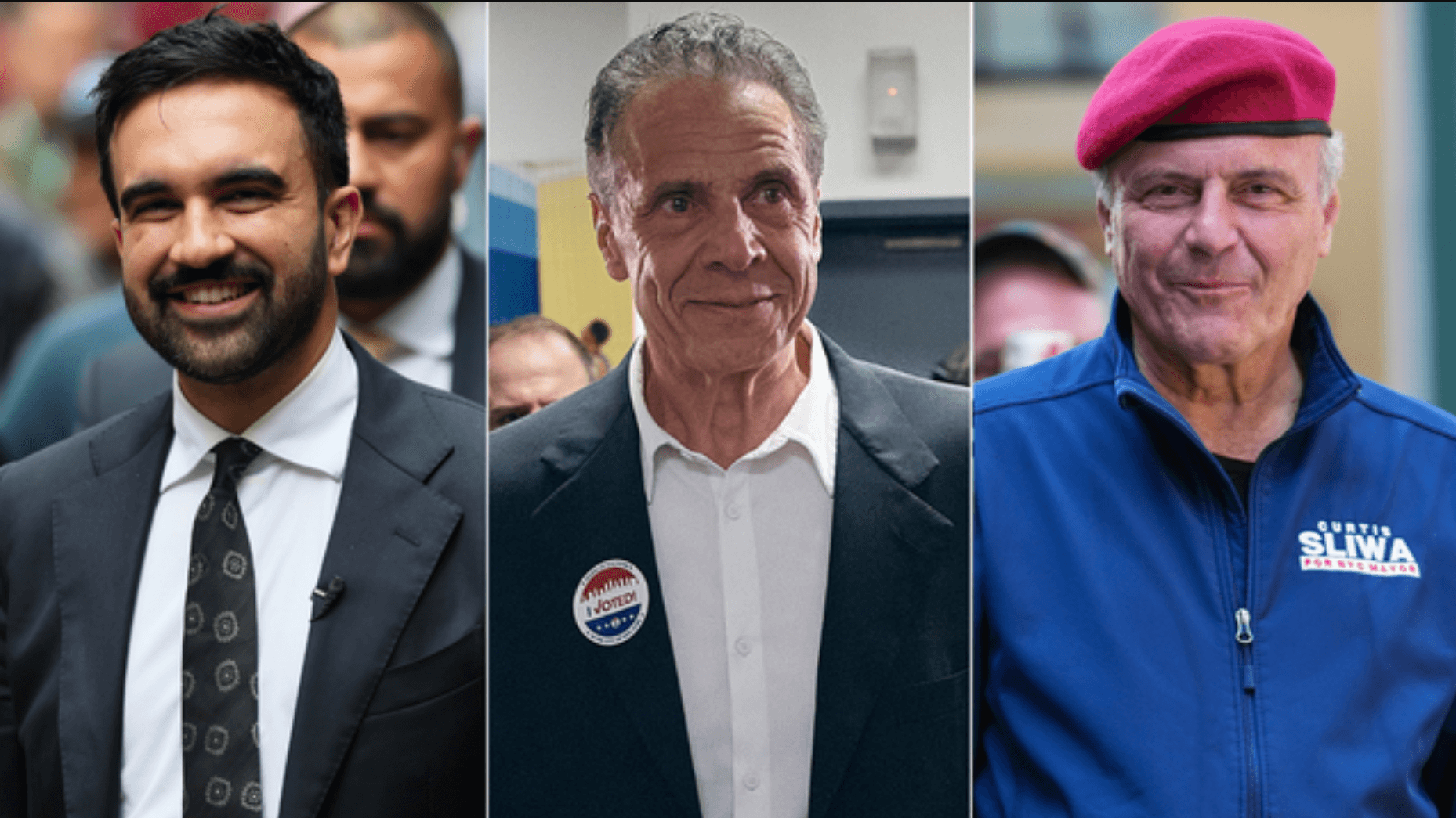 Left to right: Zohran Mamdani, Andrew Cuomo, Curtis Sliwa