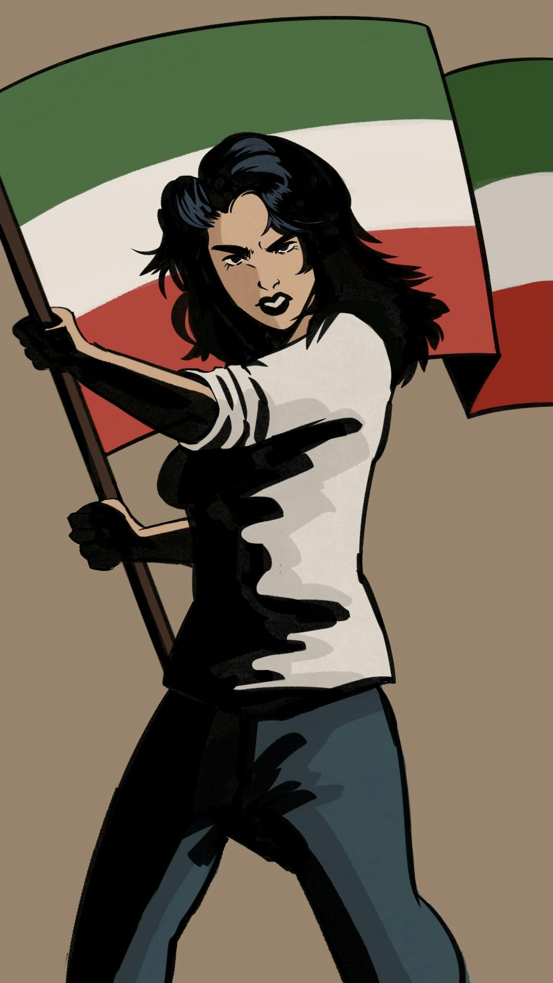 Illustration of a woman waving the Iranian flag.

