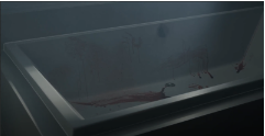 A bathtub filled with hand prints of blood.